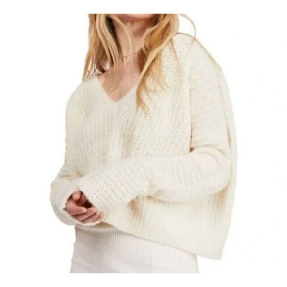 Free People Sweater Women Size Small Ivory Alpaca Blend V-Neck Oversized Cropped - Picture 1 of 8